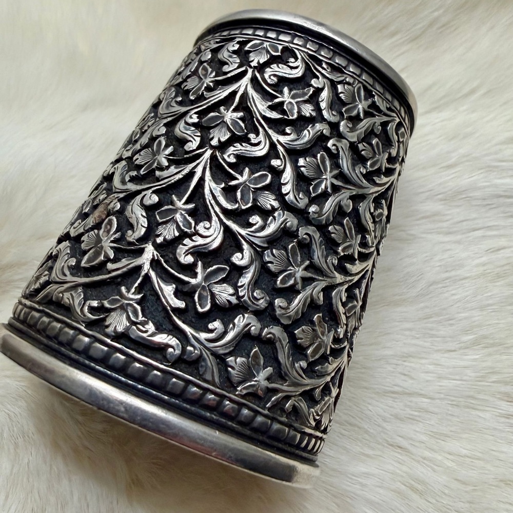 HUGE Vintage Solid Sterling Silver Bali Floral Cuff Bracelet Boho Tribal Hippie